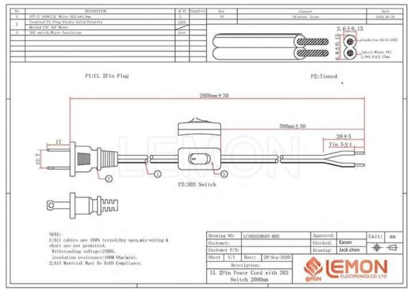 110V AC Power Plug 2 Prong Extension Cord Table Lamp Power Cord With 303 On/Off Switch