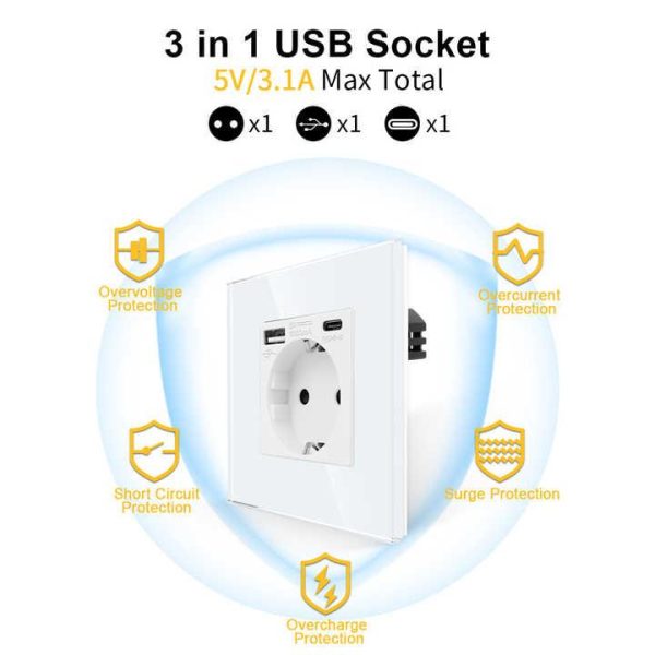 Wholesale Custom Power Charging Mechanical Home Durable USB Socket Eu Outlet Power Wall Electrical Schuko Glass Sockets