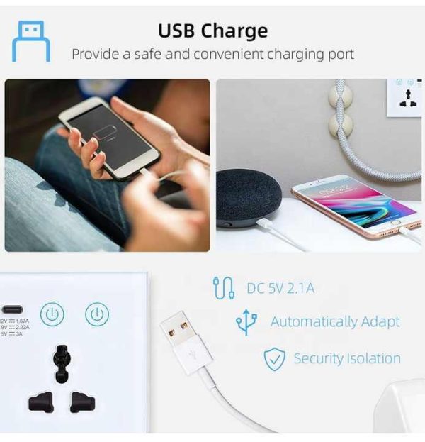 13A 147mm Universal UK With Power Monitoring Electrical Touch Double WiFi Smart Wall Socket Outlet USB -C Fast Charger