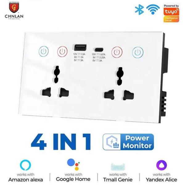 13A 147mm Universal UK With Power Monitoring Electrical Touch Double WiFi Smart Wall Socket Outlet USB -C Fast Charger