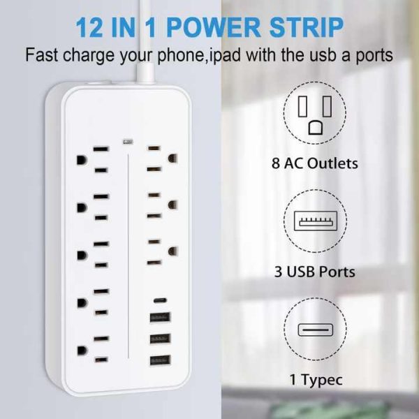 8 Outlets 3 USB Ports 1 Type C 110V 10A Desktop Power Strip Surge Protector Power Strip Office Socket for Travel Home Office