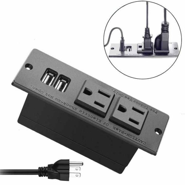 Recessed Desktop Power Strip with 2 AC Outlets & 2 USB Ports - 16AWG 15A 125V for Countertop/Cabinet