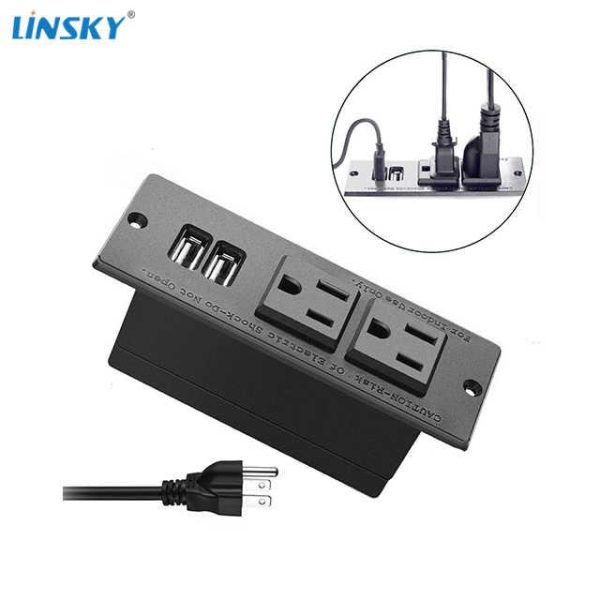 Desktop Recessed Power Strip Counter Top Cabinet Extension Power Strip Hub 2 Power Outlets &2 USB Ports