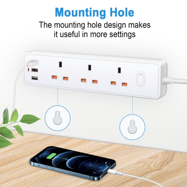 UK Type 3/4 AC Outlets Home Surge Protector Power Strip With 3 USB Ports Extension Cord