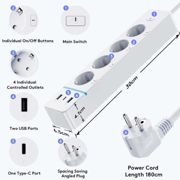 Smart Wifi Power Strip Distance Access 16A 1.8m Cable Length Smart Fast Charging Power Strip 4 AC Outlets 2 USB Ports