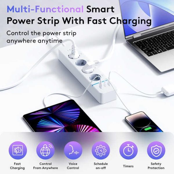 Smart Wifi Power Strip Distance Access 16A 1.8m Cable Length Smart Fast Charging Power Strip 4 AC Outlets 2 USB Ports