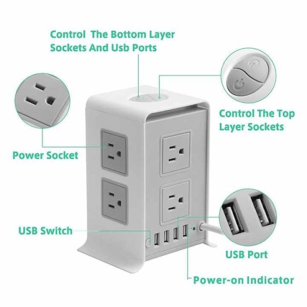 Power Strip with USB Surge Protector 8 Outlets 4 USB Port Charger Charging Tower