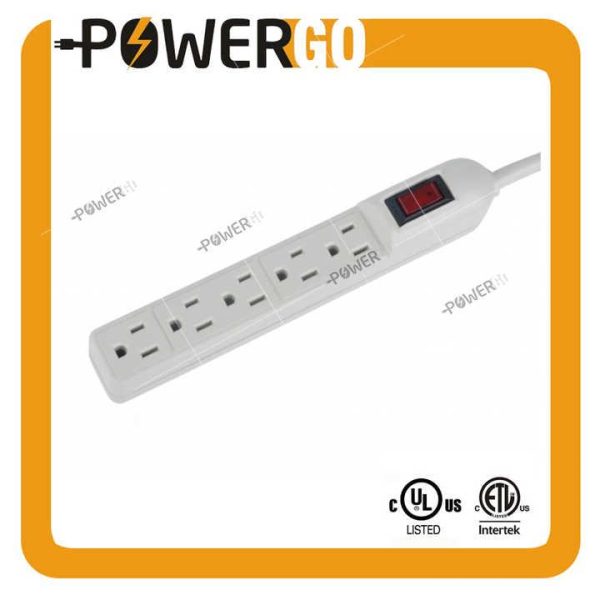 5 Outlet Grounded Surge Protector Power Strip 14AWG/3C SJT Lighted Switch 15A Circuit Breaker 3FT Power Cable Cord