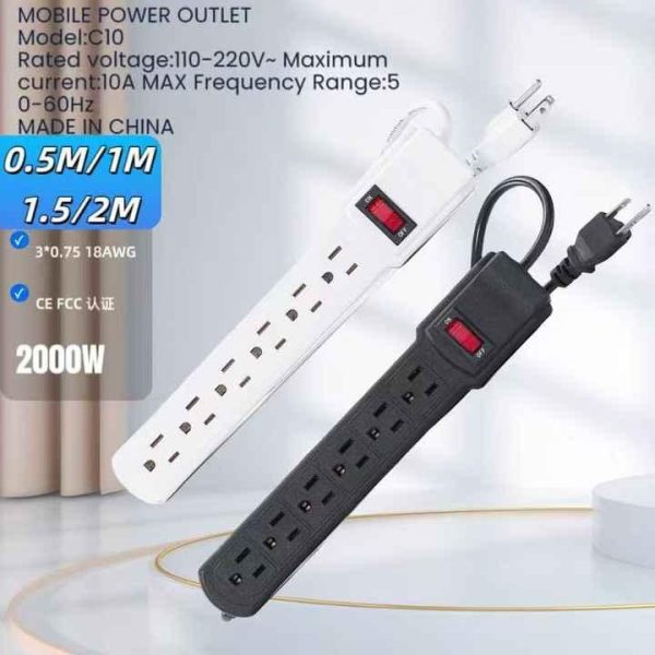 6-Socket Power Strip with Switch 15A Rated Current Power Extension Board 6 AC Outlets for 3FT110v/240v