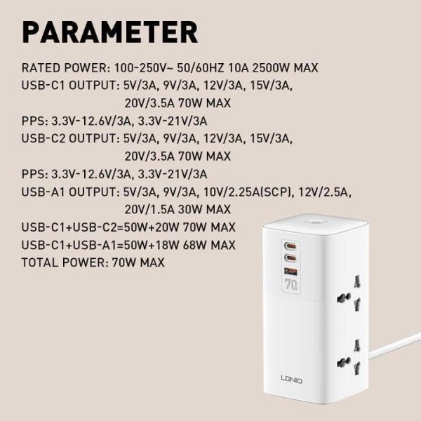 USB Power Strip SC4383 Tower Extension Lead 4 Way 10A 3 USB Ports Extension Cord 2500W Extension Socket Surge Protection