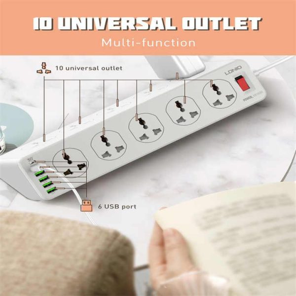 SC10610 Extension Power Socket Strip With 10 Sockets 6 Type-C USB QC3.0 Charger Port Surge Protector Power Strip Universal