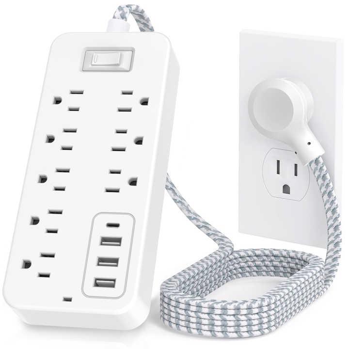 Surge Protector Power Bar - 8 Widely Outlets With 4 USB Ports, Power Strip With 4Ft Braided Extension Cord, Flat Plug