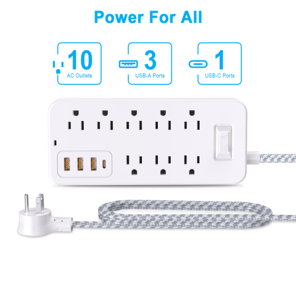 Surge Protector Power Bar - 8 Widely Outlets With 4 USB Ports, Power Strip With 4Ft Braided Extension Cord, Flat Plug