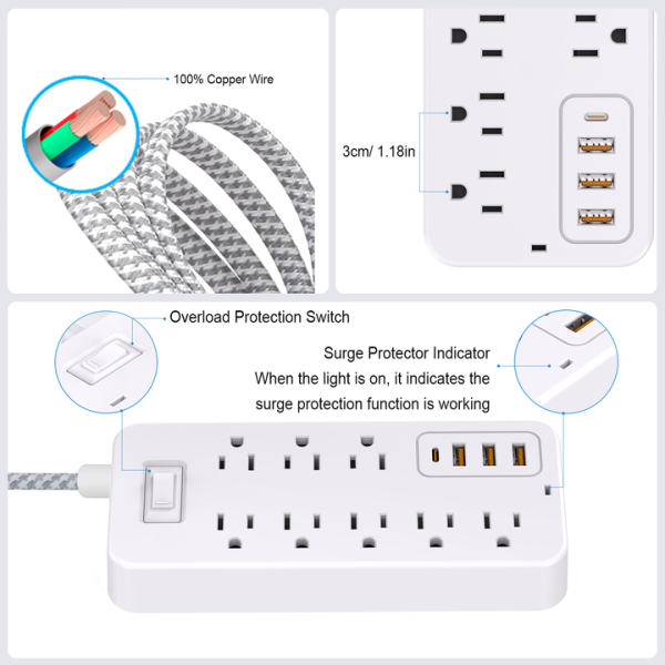 Surge Protector Power Bar - 8 Widely Outlets With 4 USB Ports, Power Strip With 4Ft Braided Extension Cord, Flat Plug