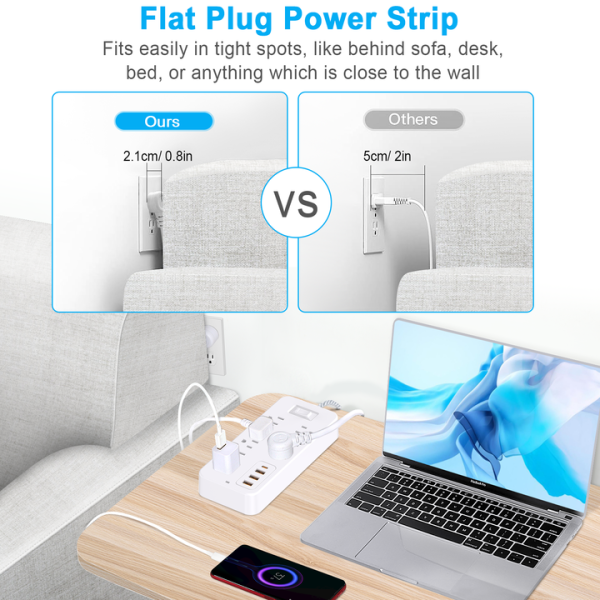 Surge Protector Power Bar - 8 Widely Outlets With 4 USB Ports, Power Strip With 4Ft Braided Extension Cord, Flat Plug