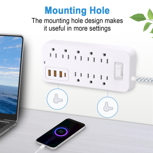 Surge Protector Power Bar - 8 Widely Outlets With 4 USB Ports, Power Strip With 4Ft Braided Extension Cord, Flat Plug