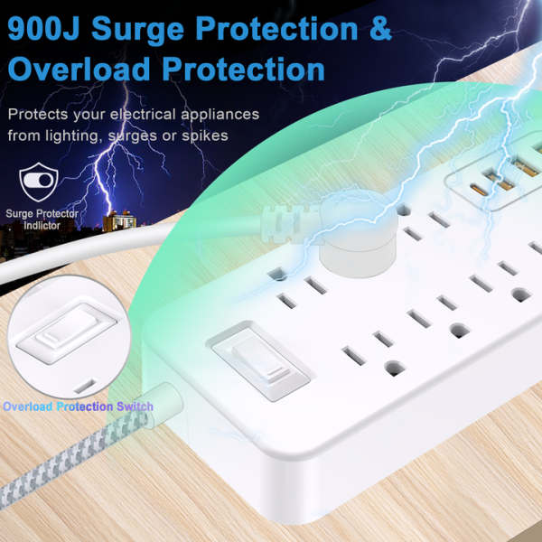 Surge Protector Power Bar - 8 Widely Outlets With 4 USB Ports, Power Strip With 4Ft Braided Extension Cord, Flat Plug