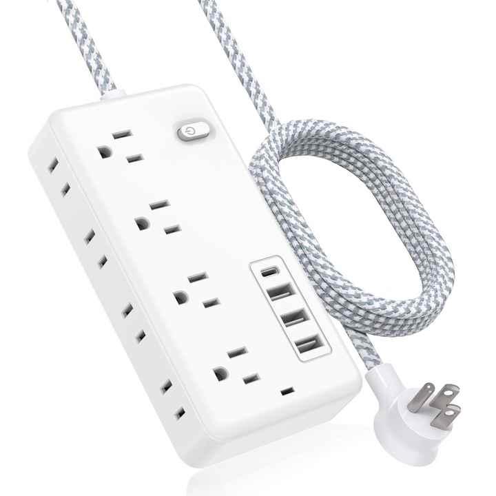 1.2 US Cable Surge Protector Power Strip with 8 Widely Outlets 4 USB Ports Flat Plug Wall Mount Outlet Extender