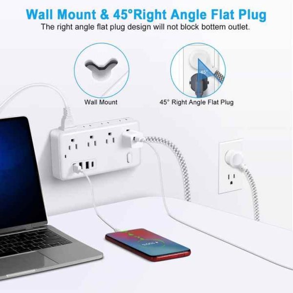 1.2 US Cable Surge Protector Power Strip with 8 Widely Outlets 4 USB Ports Flat Plug Wall Mount Outlet Extender