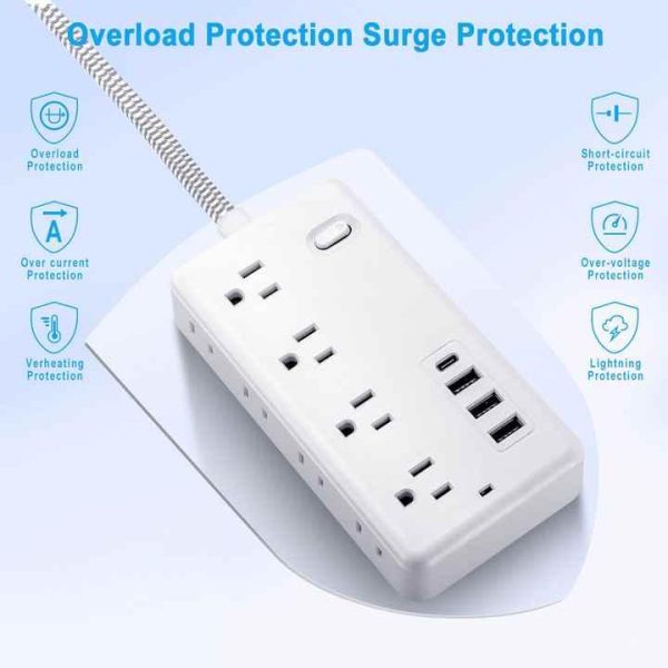 1.2 US Cable Surge Protector Power Strip with 8 Widely Outlets 4 USB Ports Flat Plug Wall Mount Outlet Extender