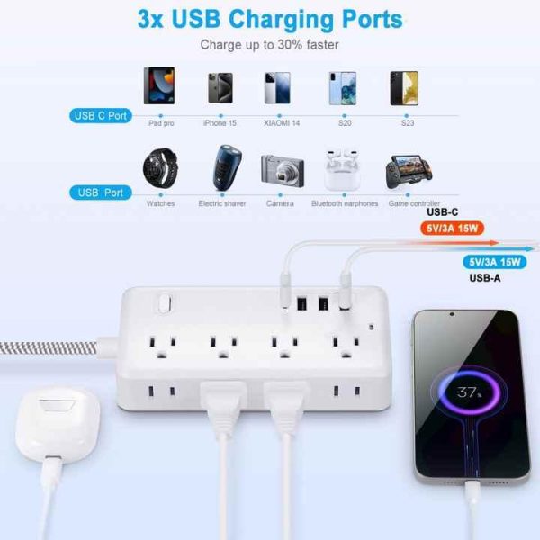 1.2 US Cable Surge Protector Power Strip with 8 Widely Outlets 4 USB Ports Flat Plug Wall Mount Outlet Extender