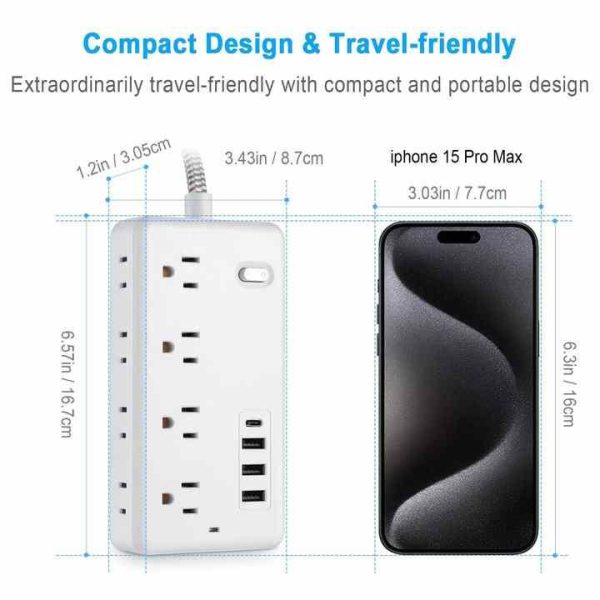 1.2 US Cable Surge Protector Power Strip with 8 Widely Outlets 4 USB Ports Flat Plug Wall Mount Outlet Extender