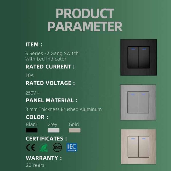 2 Gang Electrical Light Wall Switch Panel 10A 250V Outlet High Quality Switches for Interior Use