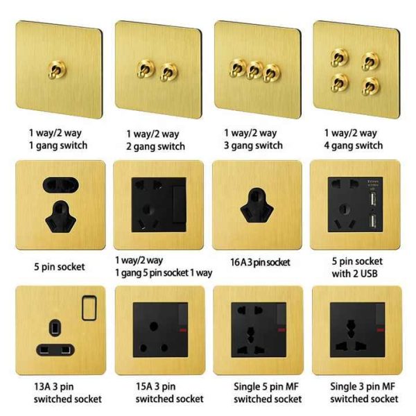 Golden Stainless Steel Panel and Golden Brass Rocker Toggle Wall Switch ,3 Gang 2 Way Switch,dimmer Switch