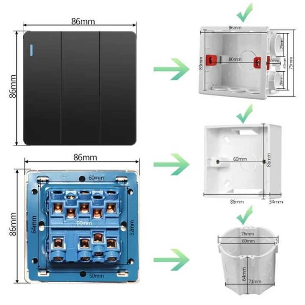 High Quality Uk Standard 1/2 Gang Wall Light Switch 13A Pc Panel Power Push Big Button Light Wall Switch With 86*86mm