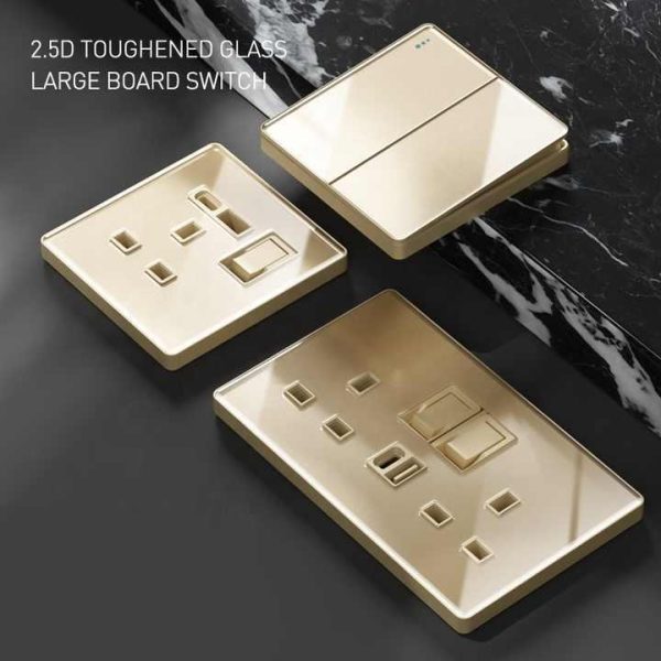 CE BS Luxury Gold UK Wall Switches and Sockets 1 Gang 2 Way Light Switch Socket Electrical Universal Double USB Type C Sockets