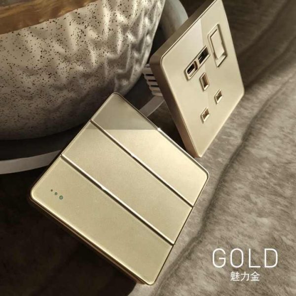 CE BS Luxury Gold UK Wall Switches and Sockets 1 Gang 2 Way Light Switch Socket Electrical Universal Double USB Type C Sockets