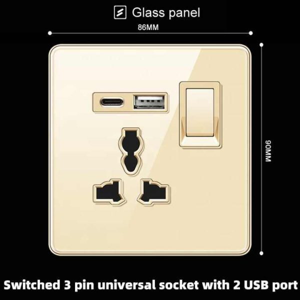 CE BS Luxury Gold UK Wall Switches and Sockets 1 Gang 2 Way Light Switch Socket Electrical Universal Double USB Type C Sockets